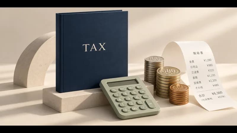 Tax book, calculator, yen coins and a receipt