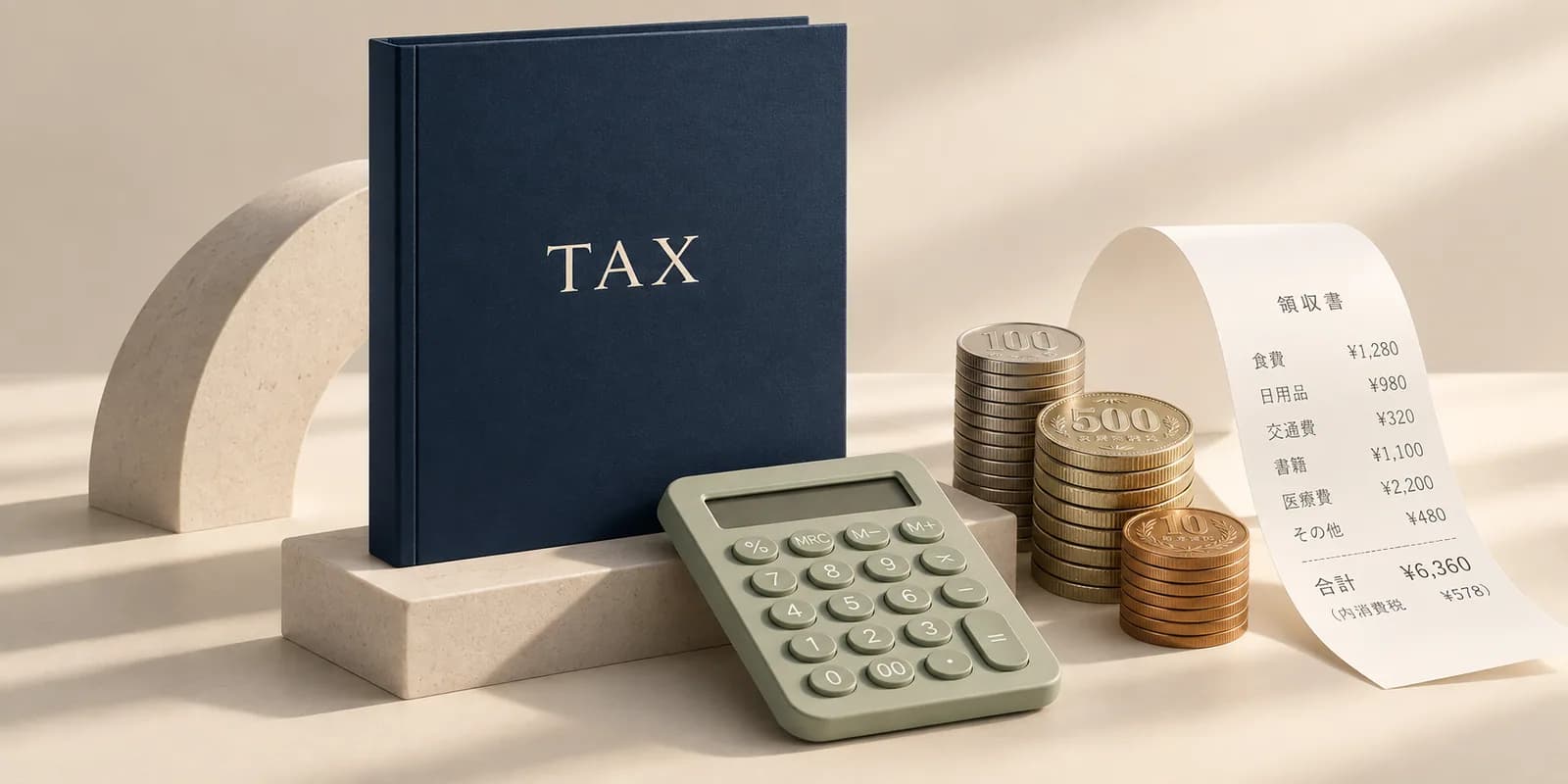 TAX と書かれた本、電卓、日本の硬貨とレシート