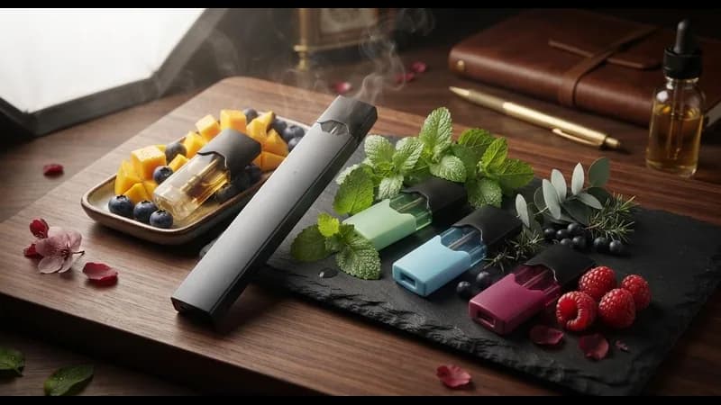 JUUL-style vape device with tobacco, mint, menthol and fruit flavor profiles