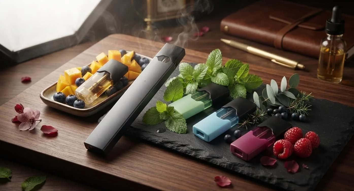 JUUL-style vape device with tobacco, mint, menthol and fruit flavor profiles